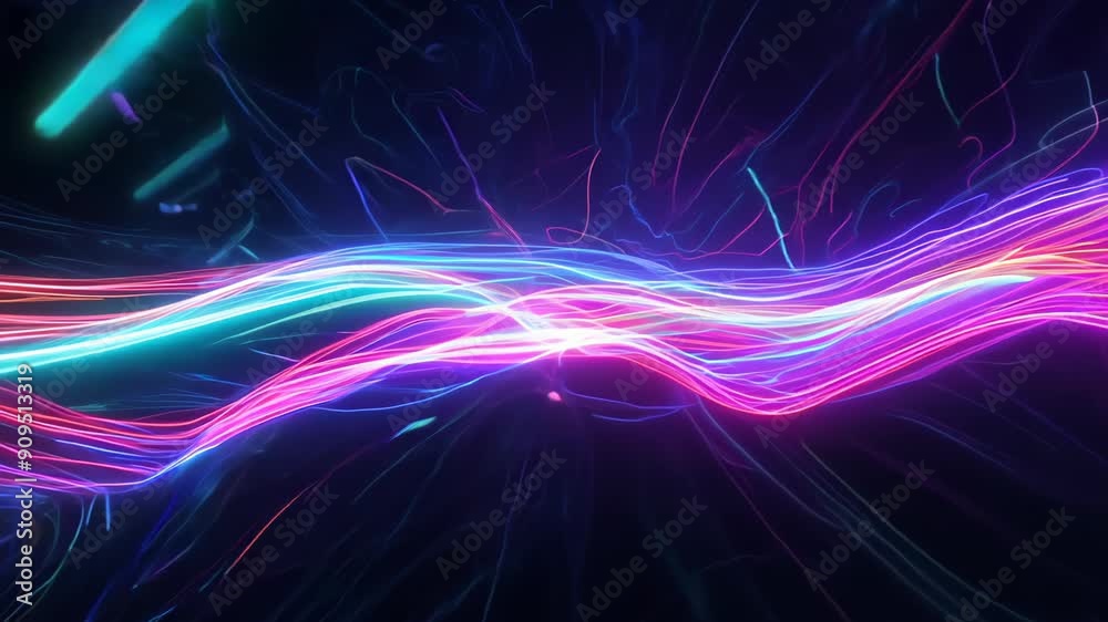 Macro close-up: Vibrant neon energy waves converge in cosmic void. Swirling streaks of pink, blue, and yellow light dance against dark background. Macro close-up: Vibrant neon energy waves converge in cosmic void. Swirling streaks of pink, blue, and yellow light dance against dark background.