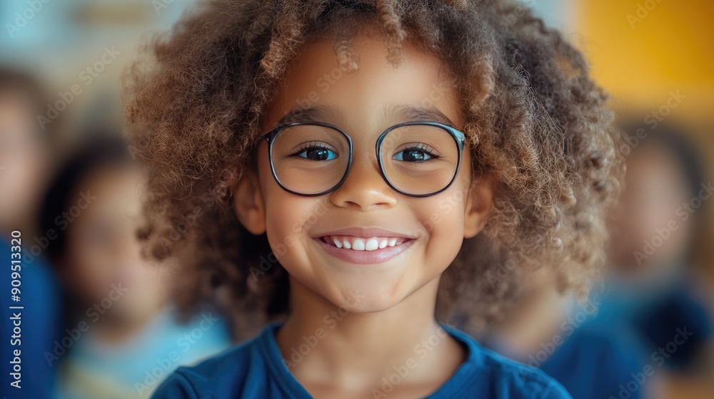 Portrait of a Smiling Child with Curly Hair and Glasses in a Classroom Setting Portrait of a Smiling Child with Curly Hair and Glasses in a Classroom Setting