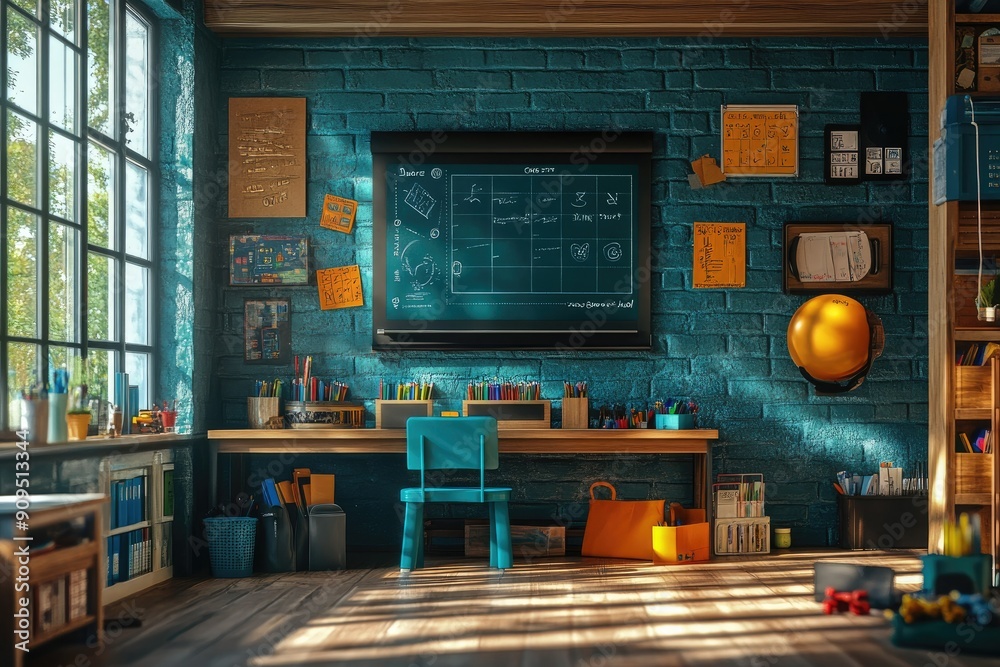 Cozy Home School Study Room with Chalkboard, Desk, and Shelves Filled with Books and Art Supplies Cozy Home School Study Room with Chalkboard, Desk, and Shelves Filled with Books and Art Supplies