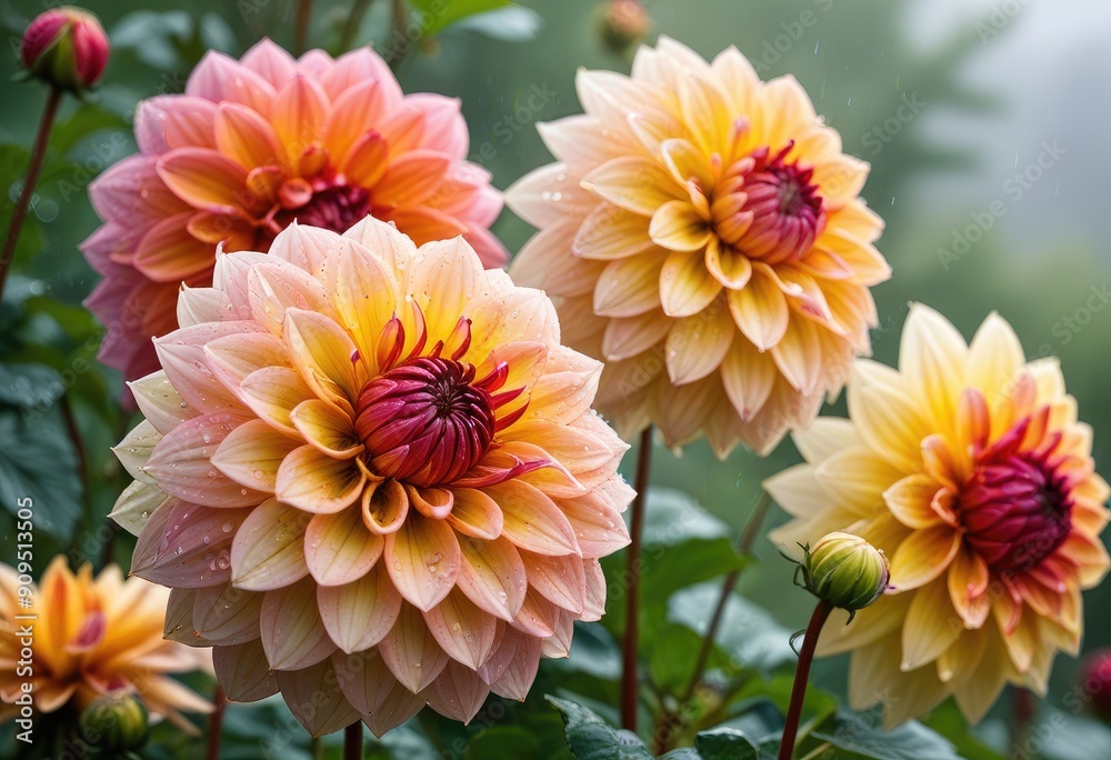 close-up of lush dahlia flowers after a rain shower, highlighting the gradient colors and delicate textures against a tranquil, misty morning backdrop