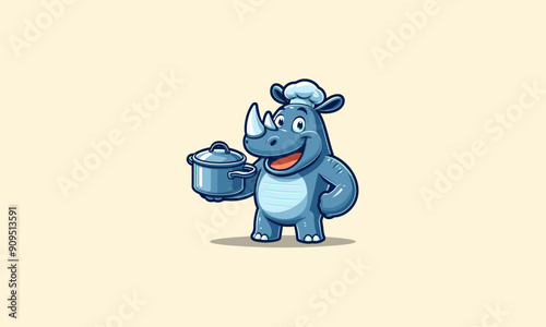 rhino character is holding a pot while smiling vector flat design