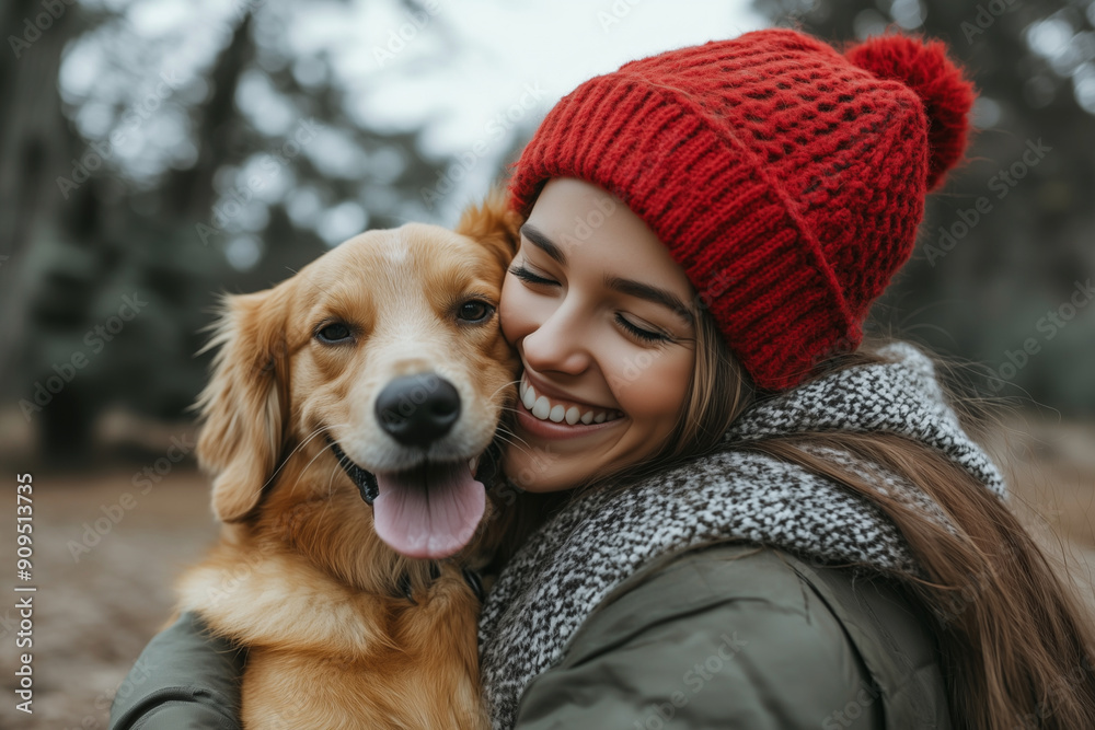  woman is hugging a dog in a park. The dog is brown and white. The woman is smiling and she is happy
