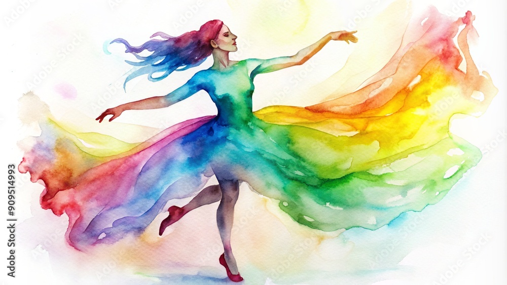 Fototapeta premium Rainbow Dancer: A watercolor illustration of a woman in a flowing rainbow dress, dancing with graceful elegance and vibrant energy. The ethereal image evokes a sense of freedom, joy, and the beauty of
