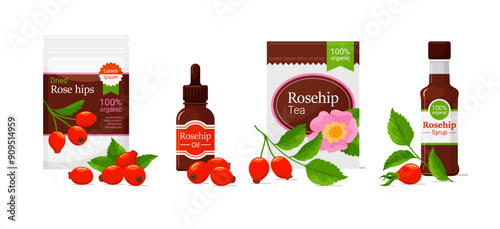 Rosehip product dried berries essential oil tea and syrup pack design template set vector flat