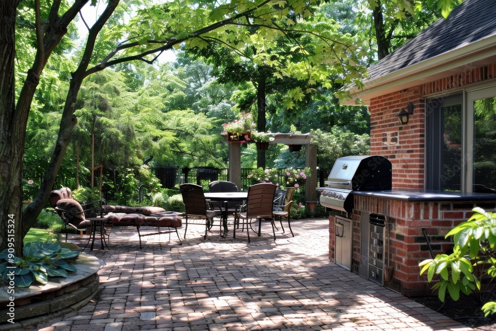 Fototapeta premium Patio Decor: Brick Architecture with Chair Furnishing in Suburban Home