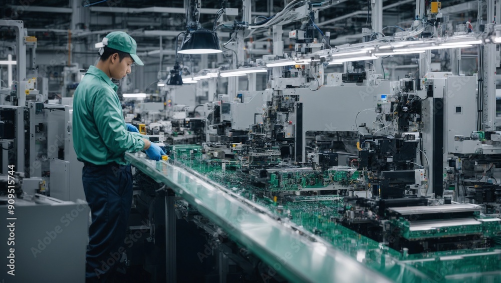 Factory Worker on Assembly Line: A focused worker in green uniform operates a complex machinery in a modern factory setting, exemplifying precision and efficiency in industrial production. Factory Worker on Assembly Line: A focused worker in green uniform operates a complex machinery in a modern factory setting, exemplifying precision and efficiency in industrial production.