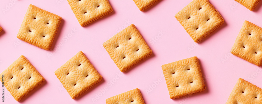 Square crackers on a pink background, flat lay pattern. Snack food concept Square crackers on a pink background, flat lay pattern. Snack food concept
