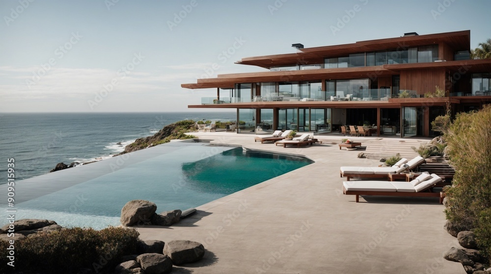 Obraz premium Coastal Dream Home: Modern architectural masterpiece perched on a cliff overlooking the ocean, with infinity pool and breathtaking views. 