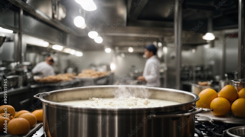Culinary Symphony in Stainless Steel: A large pot simmers on a professional stove, its aromatic contents steaming, as chefs work diligently in the bustling background of a commercial kitchen. Culinary Symphony in Stainless Steel: A large pot simmers on a professional stove, its aromatic contents steaming, as chefs work diligently in the bustling background of a commercial kitchen.