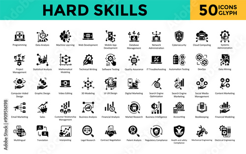 Hard Skills icon set with programming, data analysis, machine learning, web, mobile app, database management, network administration, cybersecurity, cloud computing icon. Simple glyph vector 
