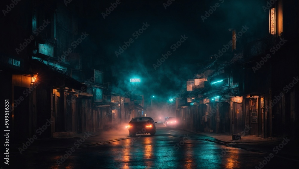 Obraz premium Neon Noir: A solitary car navigates the rain-slicked streets of a deserted city at night, bathed in the ethereal glow of neon lights. 