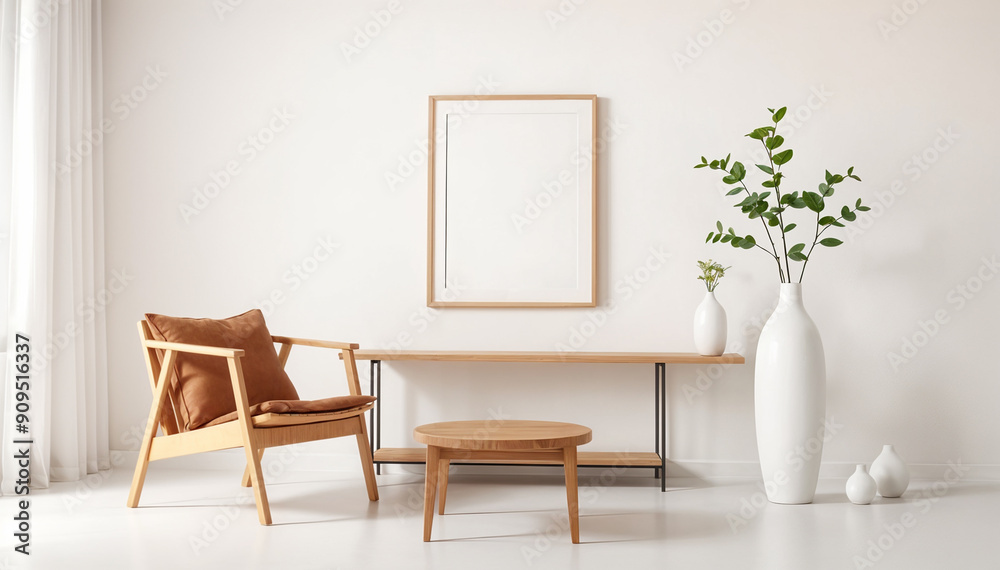 Fototapeta premium A blank image frame mockup on a white wall in a minimalistic modern interior room