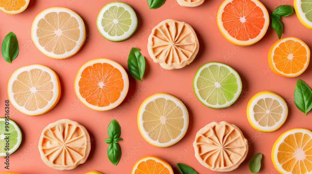 Obraz premium A colorful assortment of citrus fruit slices and green leaves artistically arranged on an orange background, showcasing freshness and variety. 
