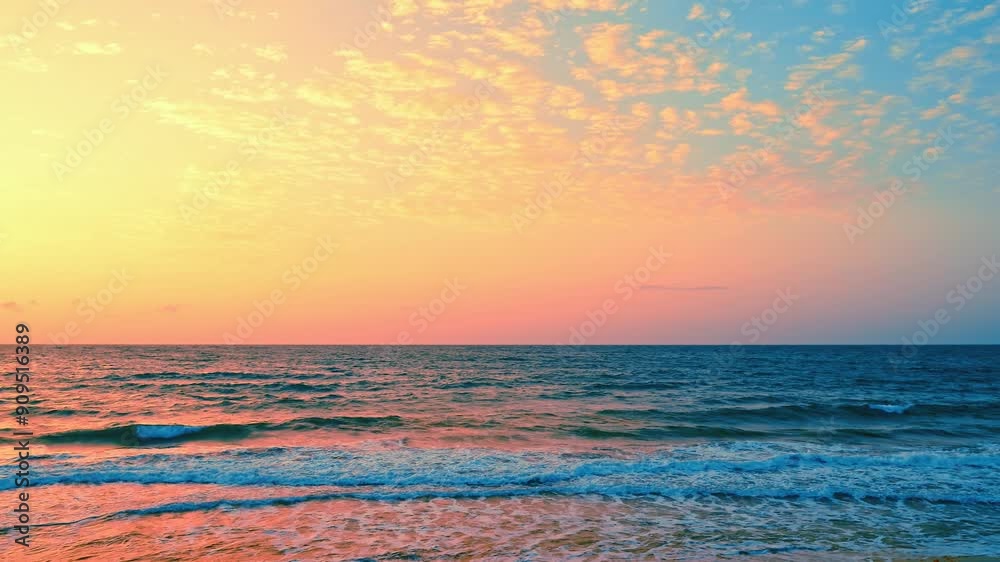 Beautiful view of sunset or sunrise. Summer beach landscape, vacation or tropical trip. Seascapes of the best beaches, soft sand and calm ocean. Beautiful view of sunset or sunrise. Summer beach landscape, vacation or tropical trip. Seascapes of the best beaches, soft sand and calm ocean.