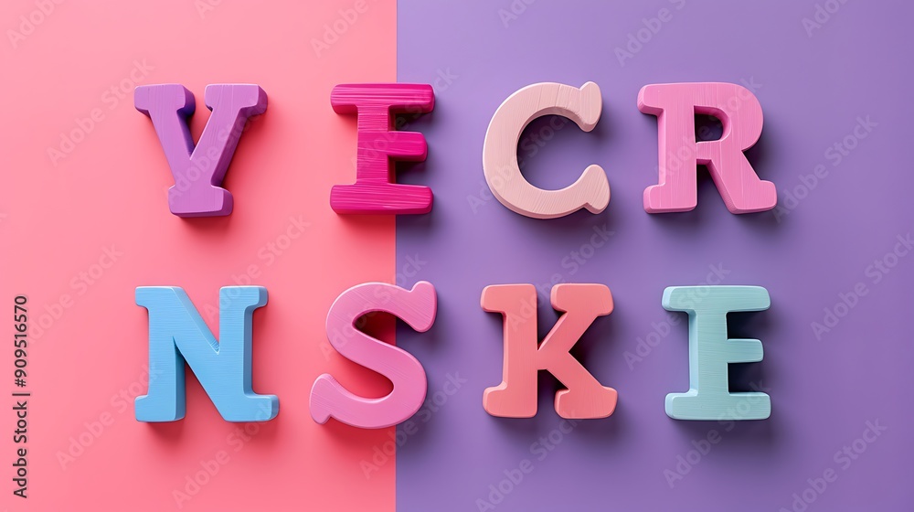 Cute and colorful wooden alphabet letter set pink and purple background Cute and colorful wooden alphabet letter set pink and purple background