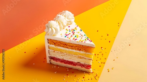 cut birthday cake isolated on yellow and orange background
