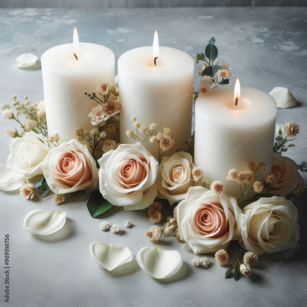 White candles with roses and flowers petals, funeral memrial, sympathy and condolences card, death notice
White candles with roses and flowers petals, funeral memrial, sympathy and condolences card, death notice