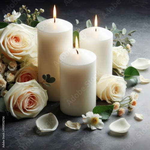 White candles with roses and flowers petals, funeral memrial, sympathy and condolences card, death notice 