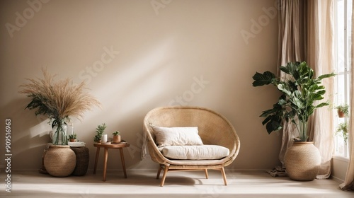 Serene Minimalist Living Room  A cozy and inviting rattan armchair with a soft cushion sits in a sun-drenched minimalist living room  adorned with potted plants and natural textures. The warm light an