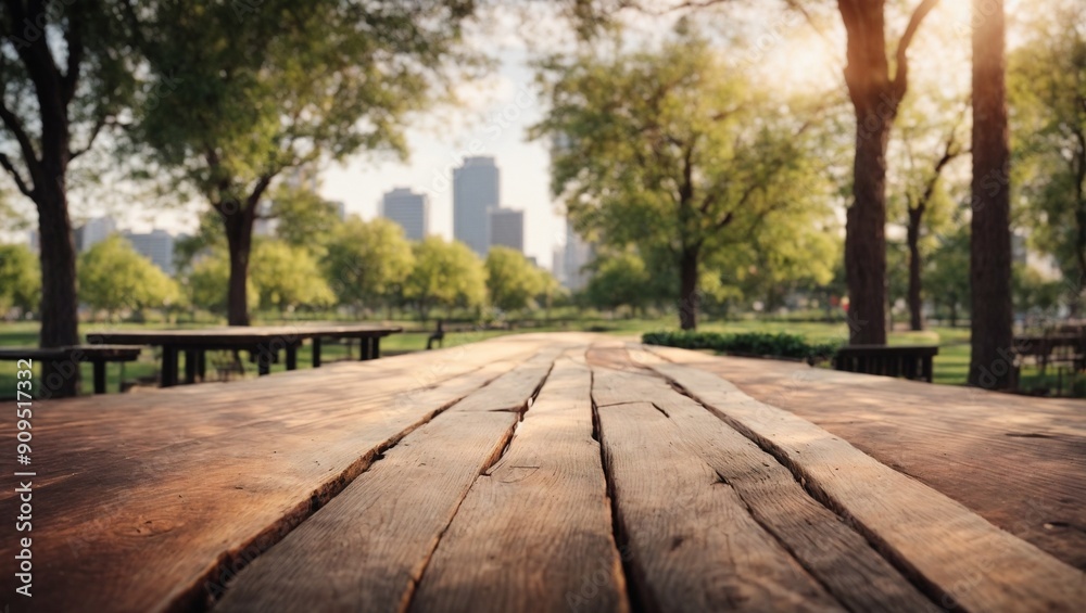 A City Park Picnic: A rustic wooden picnic table sits invitingly in the center of a vibrant city park, bathed in the golden glow of a setting sun. The lush greenery and the distant cityscape create a A City Park Picnic: A rustic wooden picnic table sits invitingly in the center of a vibrant city park, bathed in the golden glow of a setting sun. The lush greenery and the distant cityscape create a