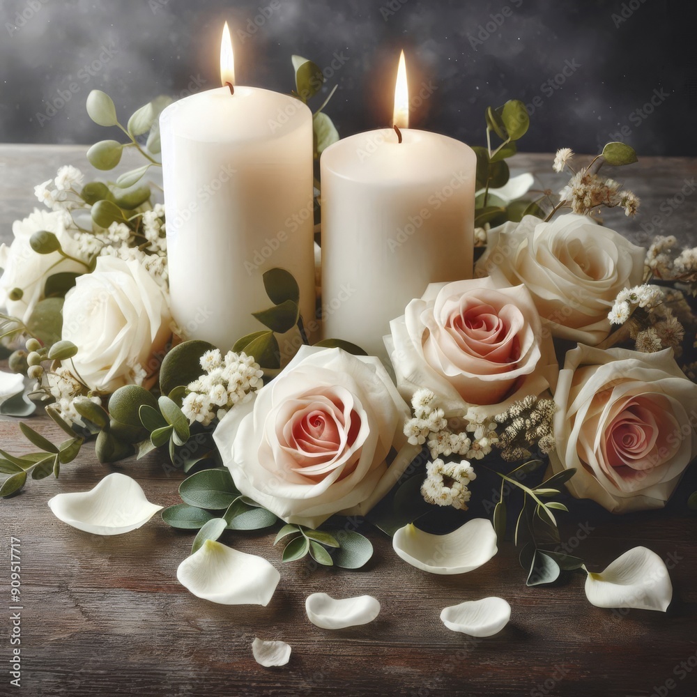 White candles with roses and flowers petals, funeral memrial, sympathy and condolences card, death notice
White candles with roses and flowers petals, funeral memrial, sympathy and condolences card, death notice
