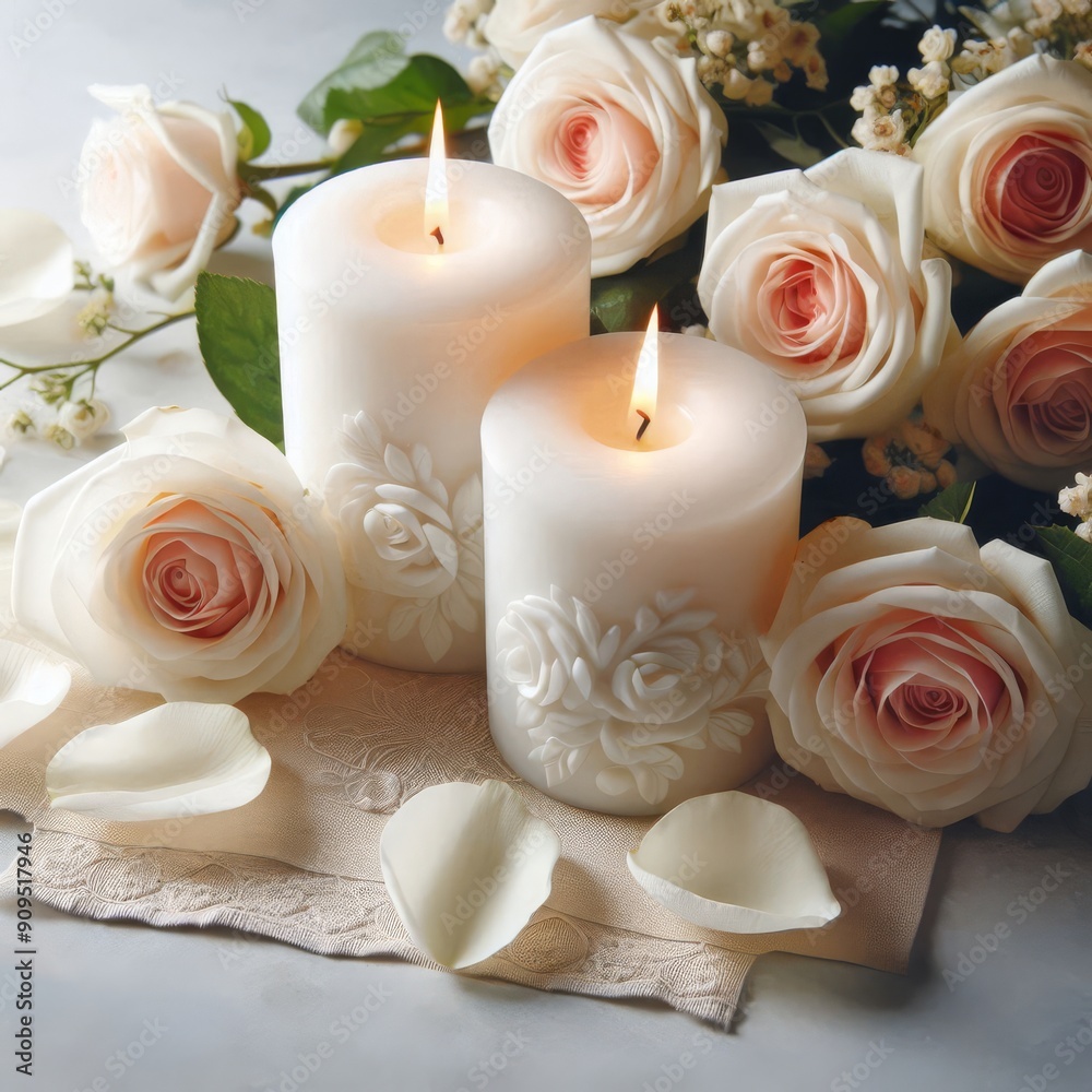 White candles with roses and flowers petals, funeral memrial, sympathy and condolences card, death notice
White candles with roses and flowers petals, funeral memrial, sympathy and condolences card, death notice