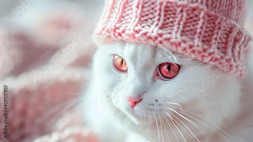 Cute white cat and red eyes in a pink knitted hat closeup portrait of a scottish cat pets with accessories winter cozy concept photo