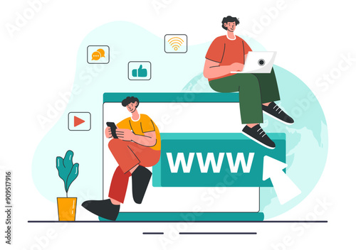 Internet Addiction Vector Illustration with Young People Addicted to Using Devices Such as Laptops or Smartphones in a Flat Style Cartoon Background