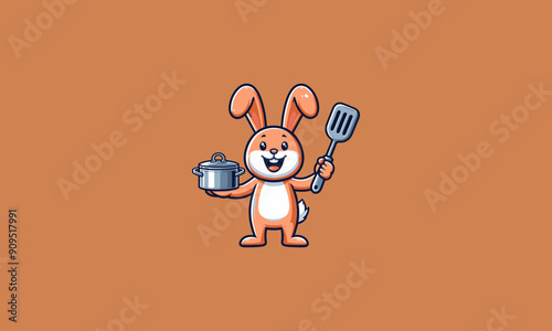 rabbit character is holding a pot while smiling vector flat design