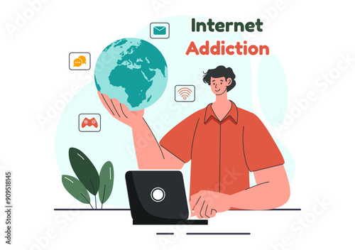 Internet Addiction Vector Illustration with Young People Addicted to Using Devices Such as Laptops or Smartphones in a Flat Style Cartoon Background