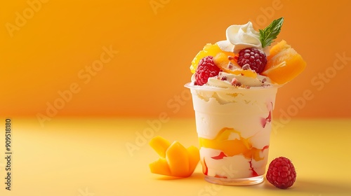 Dairy product ice cream sundae dessert fruit cup on yellow and orange background