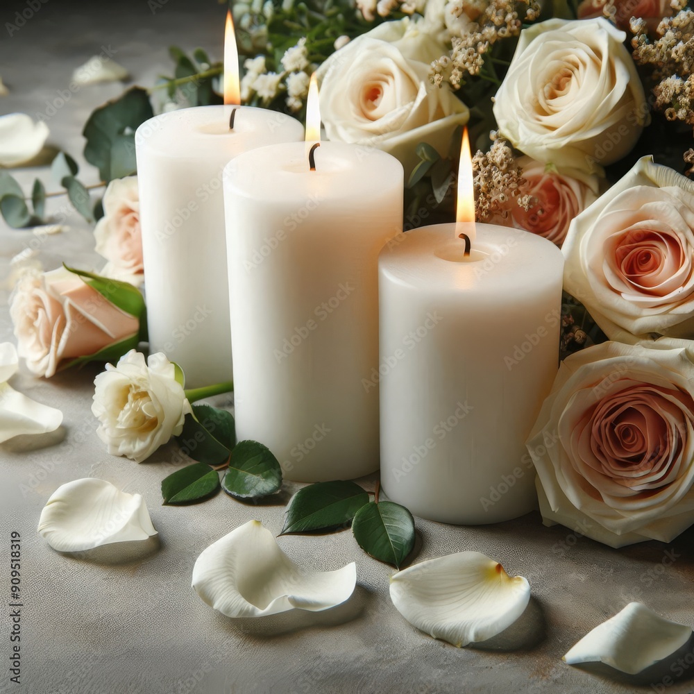 White candles with roses and flowers petals, funeral memrial, sympathy and condolences card, death notice
White candles with roses and flowers petals, funeral memrial, sympathy and condolences card, death notice