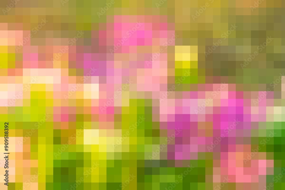 A pixelated image of a field of flowers with a green background. The flowers are in various shades of pink and yellow, and the overall mood of the image is bright and cheerful A pixelated image of a field of flowers with a green background. The flowers are in various shades of pink and yellow, and the overall mood of the image is bright and cheerful