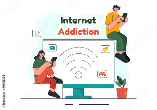 Internet Addiction Vector Illustration with Young People Addicted to Using Devices Such as Laptops or Smartphones in a Flat Style Cartoon Background