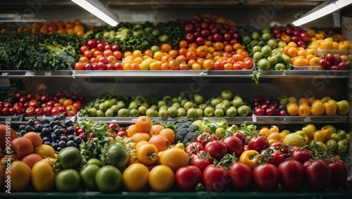 A Bountiful Harvest: Vibrant fruits and vegetables burst with color, neatly stacked and illuminated in a modern grocery store, promising freshness and healthy choices.