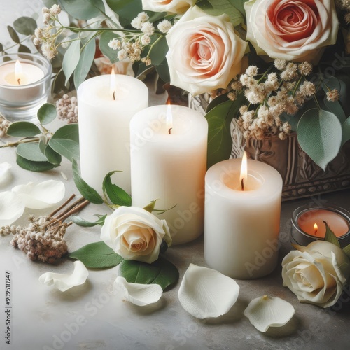 White candles with roses and flowers petals, funeral memrial, sympathy and condolences card, death notice 