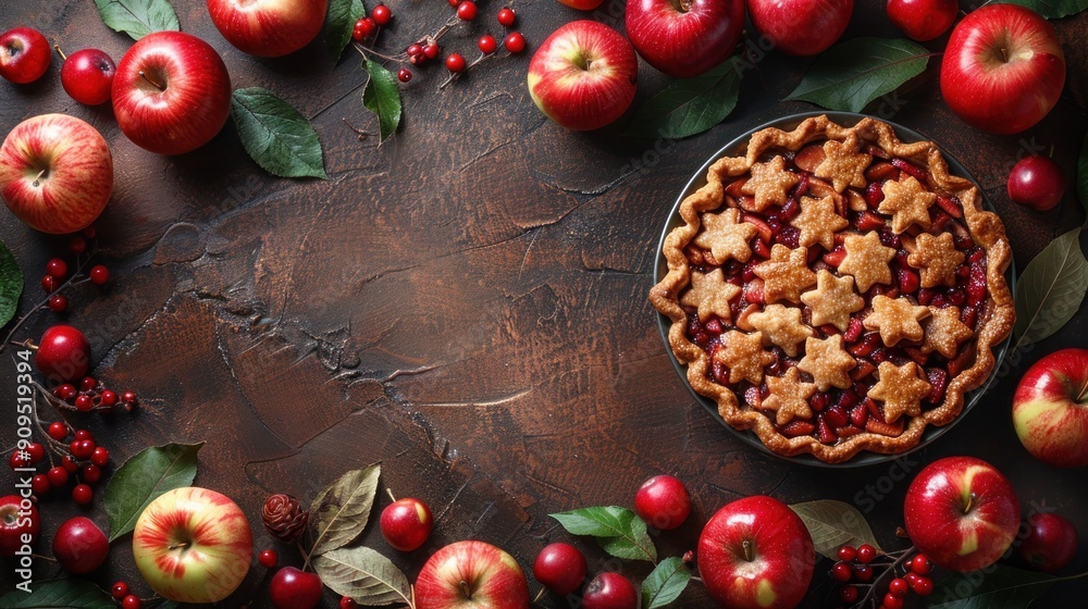 Autumn Apple Pie Corner Border Banner on Brown Stone Background with Copy Space - Top View Homemade Dessert Autumn Apple Pie Corner Border Banner on Brown Stone Background with Copy Space - Top View Homemade Dessert
