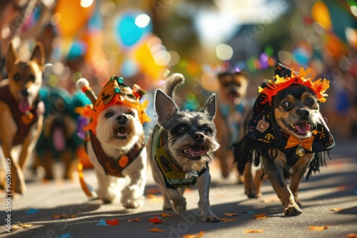 A vibrant parade of festive dogs, adorned with colorful costumes and hats, celebrating a joyful occasion with excitement and energy. photo