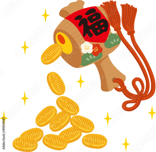 打ち出の小槌とあふれ出る小判のベクターイラスト