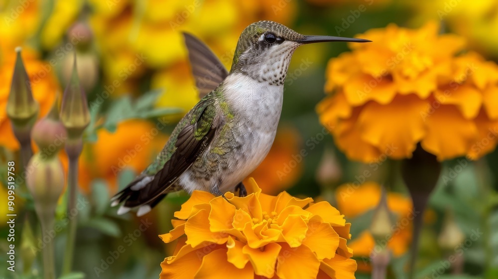 Fototapeta premium Close-Up of Hummingbird Perched on Marigold Flower 