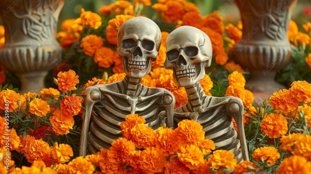 Skeleton Couple Among Marigolds in Day of the Dead Celebration Skeleton Couple Among Marigolds in Day of the Dead Celebration