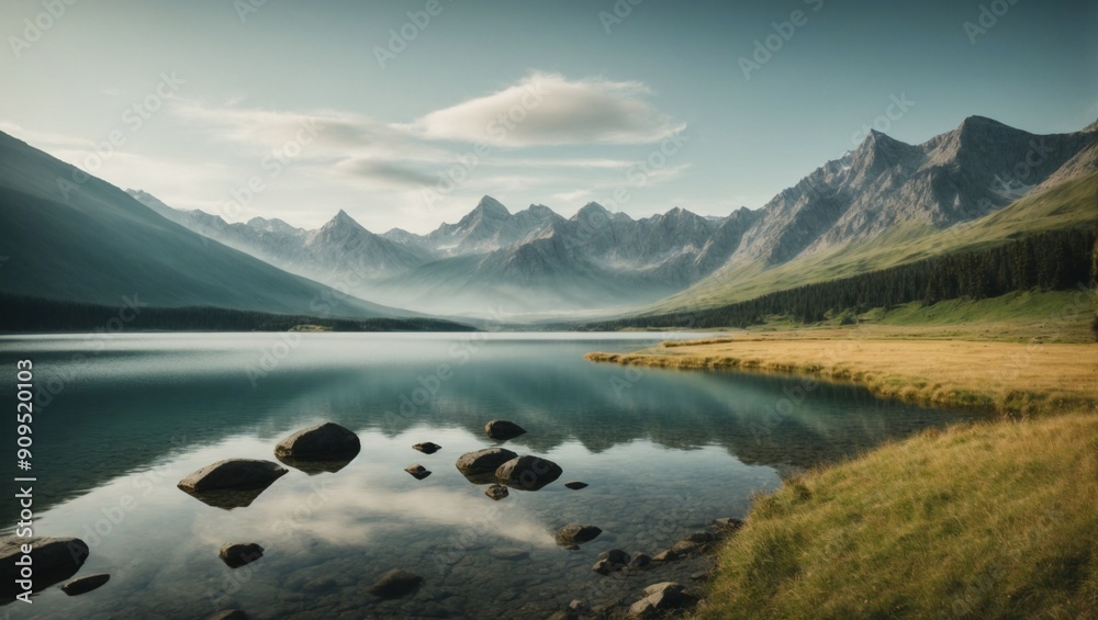 Serene Mountain Lake: A captivating landscape photo featuring a tranquil lake reflecting the majestic peaks of a mountain range, bathed in the soft glow of dawn. The scene evokes a sense of peace and 