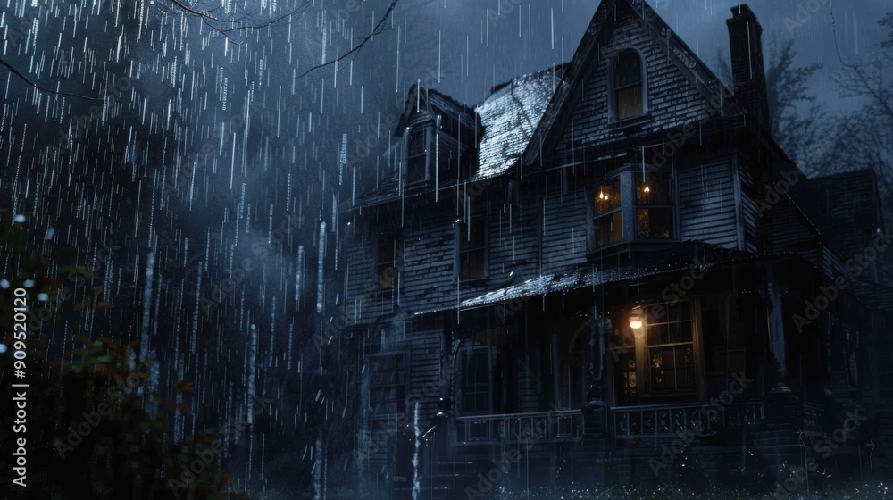 A haunting scene of an old house under heavy rain at night, evoking feelings of mystery and suspense. A haunting scene of an old house under heavy rain at night, evoking feelings of mystery and suspense.