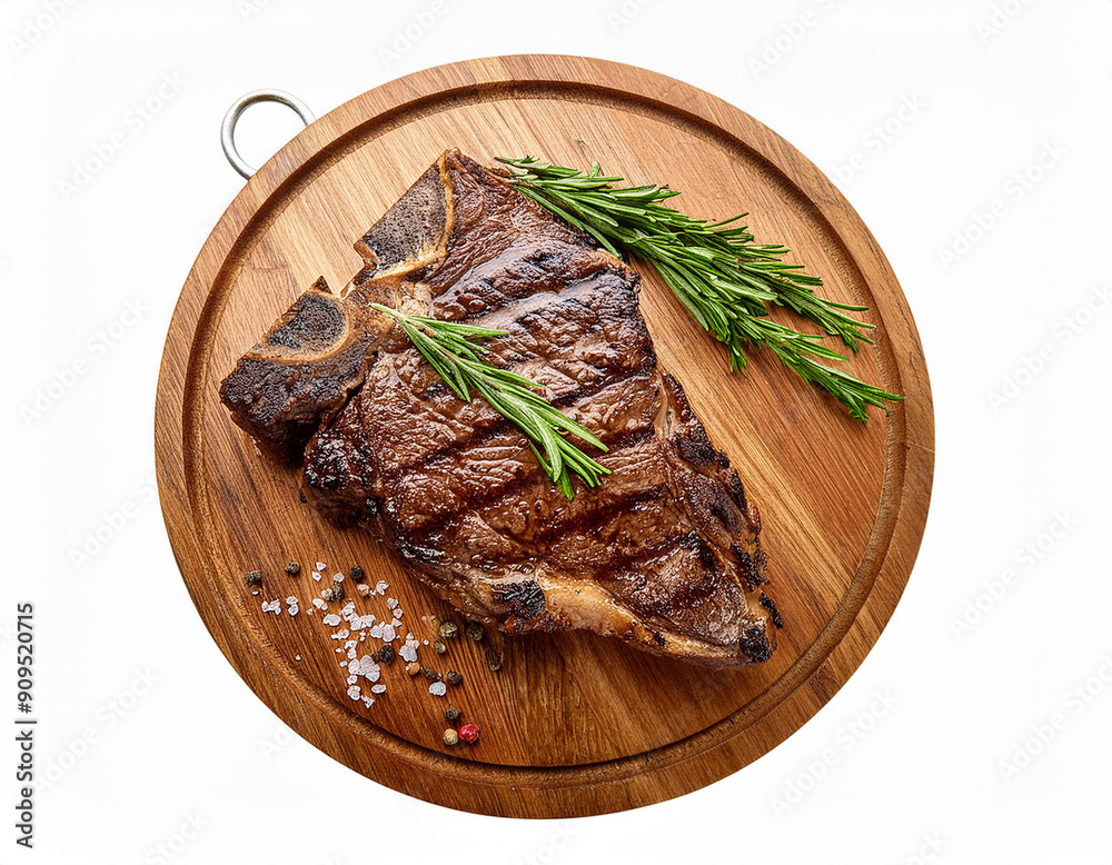 Grilled ribeye steak on a wooden board with fresh herbs. Delicious and juicy. Isolated on white. No shadow. The restaurant menu is made from beef. Grilled ribeye steak on a wooden board with fresh herbs. Delicious and juicy. Isolated on white. No shadow. The restaurant menu is made from beef.