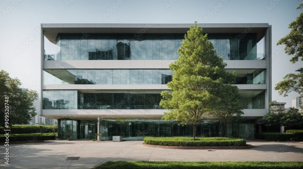 Obraz premium Modern Office Serenity: A sleek, glass-fronted office building stands amidst a tranquil green space, embodying contemporary workplace design and environmental harmony.