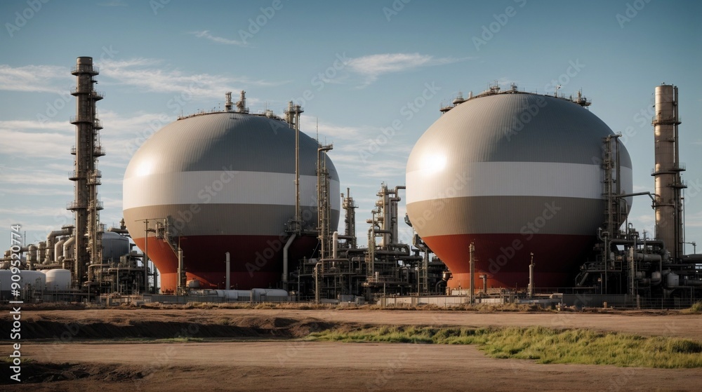 Industrial Spheres: A close-up of two large, spherical tanks, gleaming in the afternoon sun, against the backdrop of a sprawling industrial complex. This image evokes themes of power, efficiency, and Industrial Spheres: A close-up of two large, spherical tanks, gleaming in the afternoon sun, against the backdrop of a sprawling industrial complex. This image evokes themes of power, efficiency, and