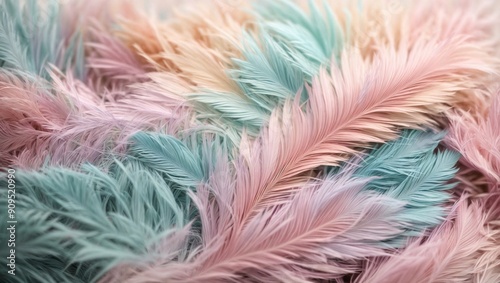 Pastel Featherscape: Soft pink, peach, and mint plumes create a dreamy, textured background, perfect for ethereal designs.  photo