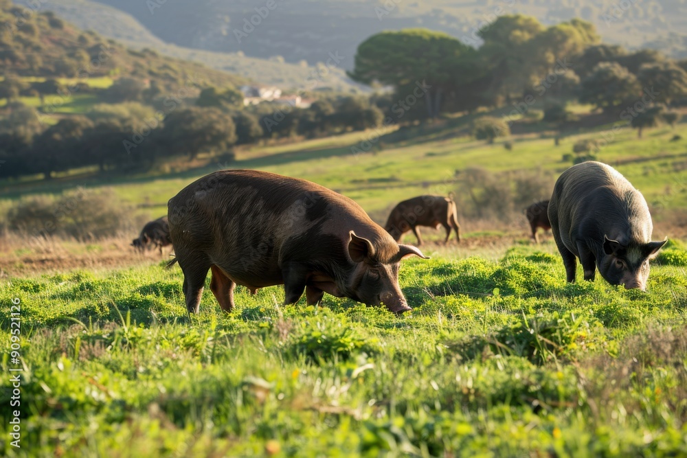 Pigs in Natural Habitat. Herd of Farm Animals Grazing in Wildlife Pigs in Natural Habitat. Herd of Farm Animals Grazing in Wildlife