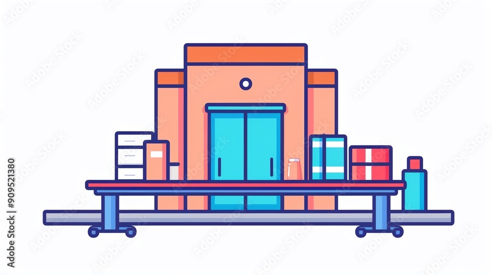Vector illustration of a warehouse with a conveyor belt and packages, depicting logistics and storage facility. Vector illustration of a warehouse with a conveyor belt and packages, depicting logistics and storage facility.