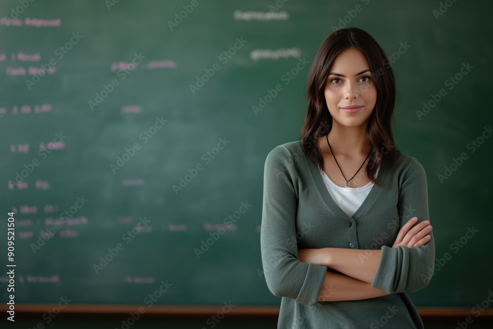 A young woman with long dark hair stands in front of a chalkboard, arms crossed and a confident smile on her face A young woman with long dark hair stands in front of a chalkboard, arms crossed and a confident smile on her face